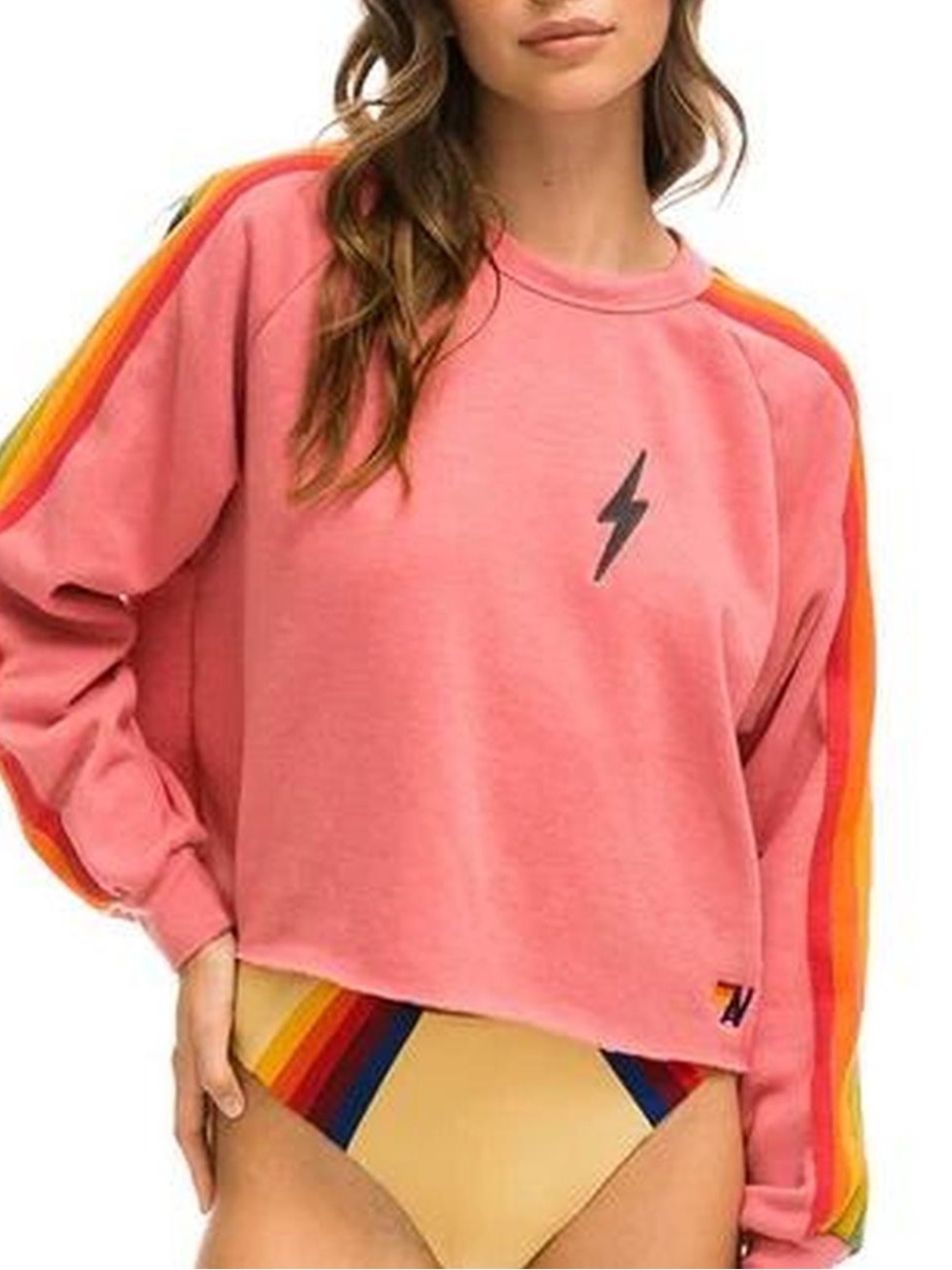 Aviator Nation, BOLT EMBROIDERY CLASSIC CROPPED CREW SWEATSHIRT, Pink/Coral, XS